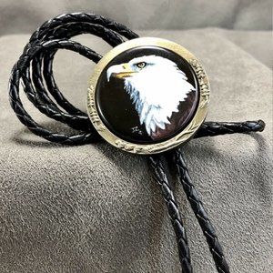 Vintage Artistic Impressions 38" Bolo Tie Porcelain Emblem w Painted Bald Eagle